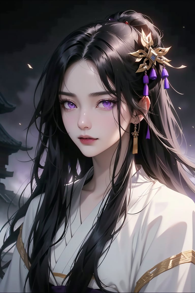 (cowboy shot), dynamic action style, (1woman), (female:1.2), mature face, (mature girl:1.2), sinister smirk, (Chinese hanfu with black and gold accents), finely detailed eyes and face, slim figure, (long black straight hair:1.2), (purple eyes:1.3), (focus on character:1.1), ((solo)), detailed face, detailed eyes, Chinese epic style, clear subject, ultra realistic, ultra detailed, OC rendering, blender, high detail, ultra high quality, dark and ominous atmosphere, dark clouds swirling, subtle mist