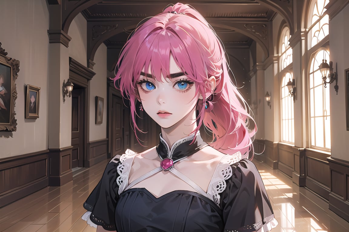 ((Fuchsia hair)), (thick eyebrows), (small chest:1.1), (bangs), ((long ponytail)), blue eyes, mad, wearing a ((Romanticism dress)), short sleeve, by Raphael, masterpiece, upper body shot, magnificent indoor hall,Argissa,1 girl