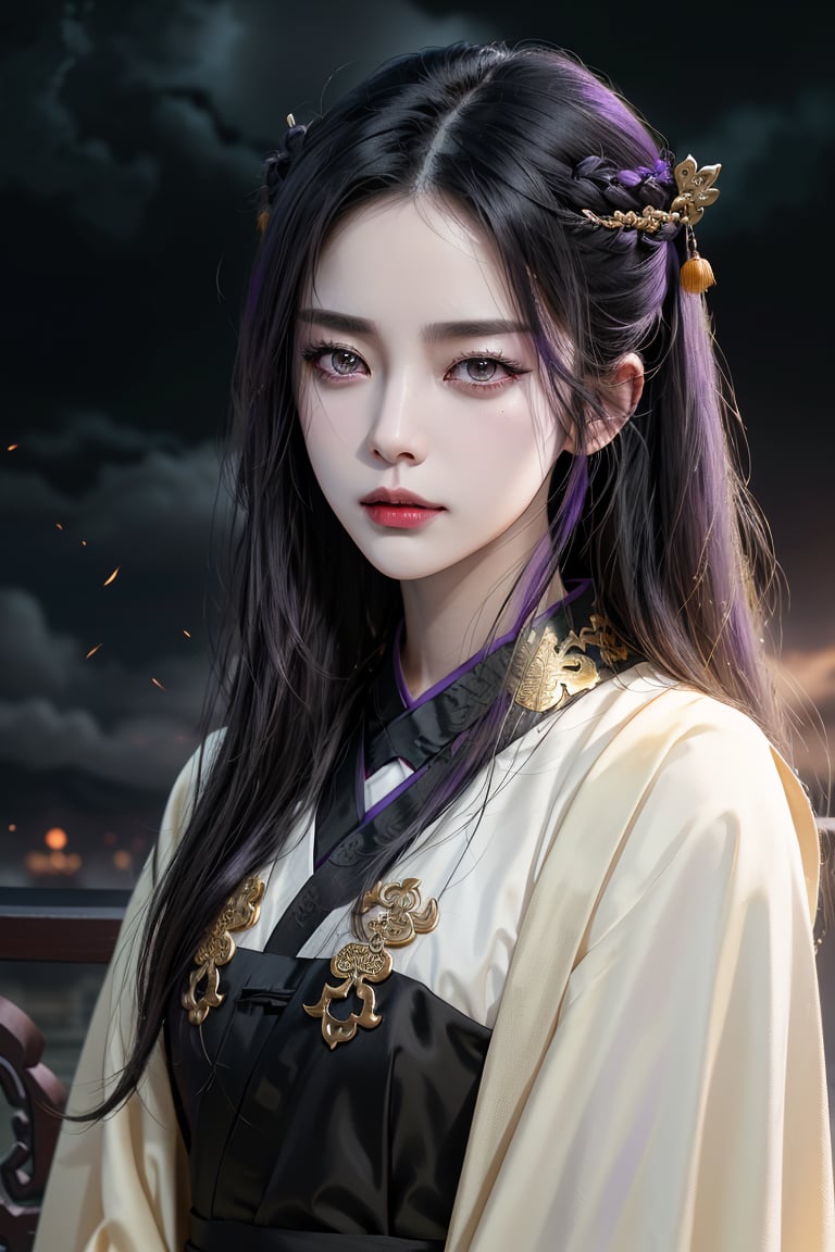 (cowboy shot), dynamic action style, (1woman), (female:1.2), mature face, (mature girl:1.2), sinister smirk, (Chinese hanfu with black and gold accents), finely detailed eyes and face, slim figure, (long black straight hair:1.2), (purple eyes:1.3), (focus on character:1.1), ((solo)), detailed face, detailed eyes, Chinese epic style, clear subject, ultra realistic, ultra detailed, OC rendering, blender, high detail, ultra high quality, dark and ominous atmosphere, dark clouds swirling, subtle mist
