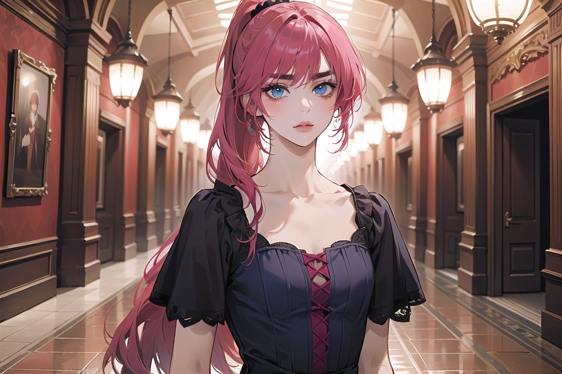 ((Fuchsia hair)), (thick eyebrows), (small chest:1.1), (bangs), ((long ponytail)), blue eyes, mad, wearing a ((Crimson Romanticism dress)), short sleeve, by Raphael, masterpiece, upper body shot, magnificent indoor hall,Argissa,1 girl