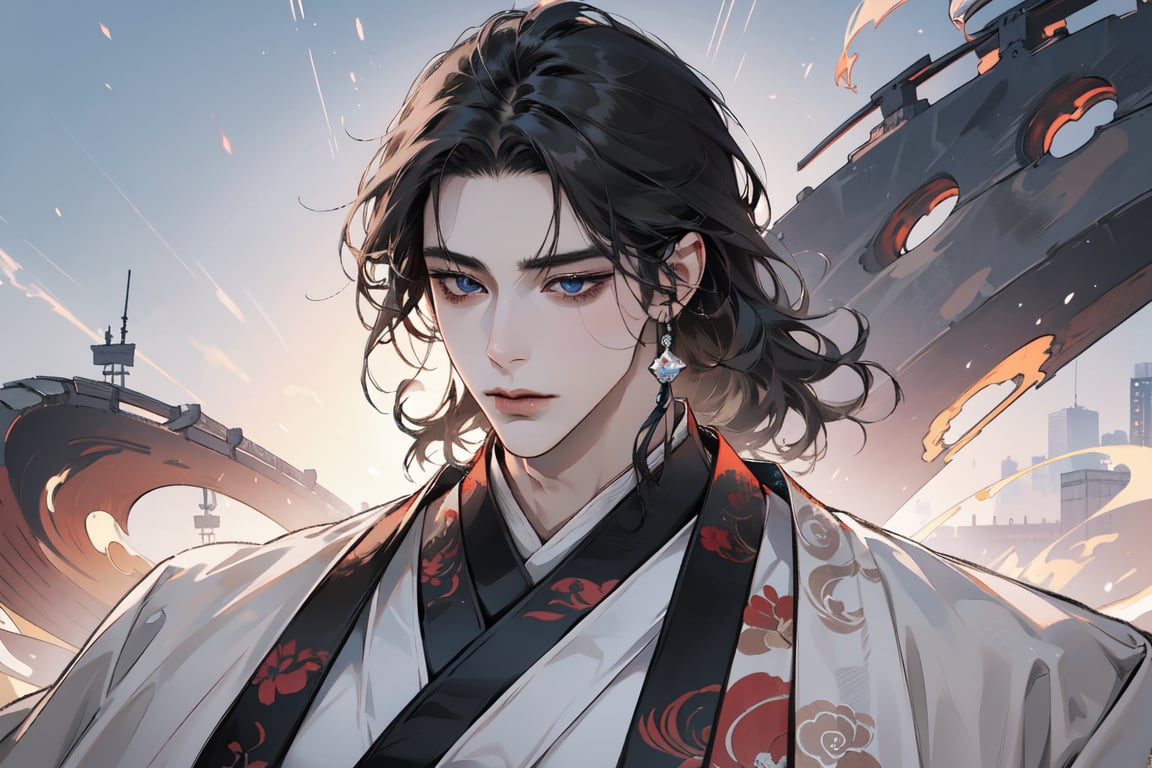 1 man, ((black curly hair)), blue eyes, handsome, angular jaw, thick neck, male focus, (((hanfu:1.3))), long sleeve, masterpiece, upper body shot, mist and fog, smokey swirls,Chinese style