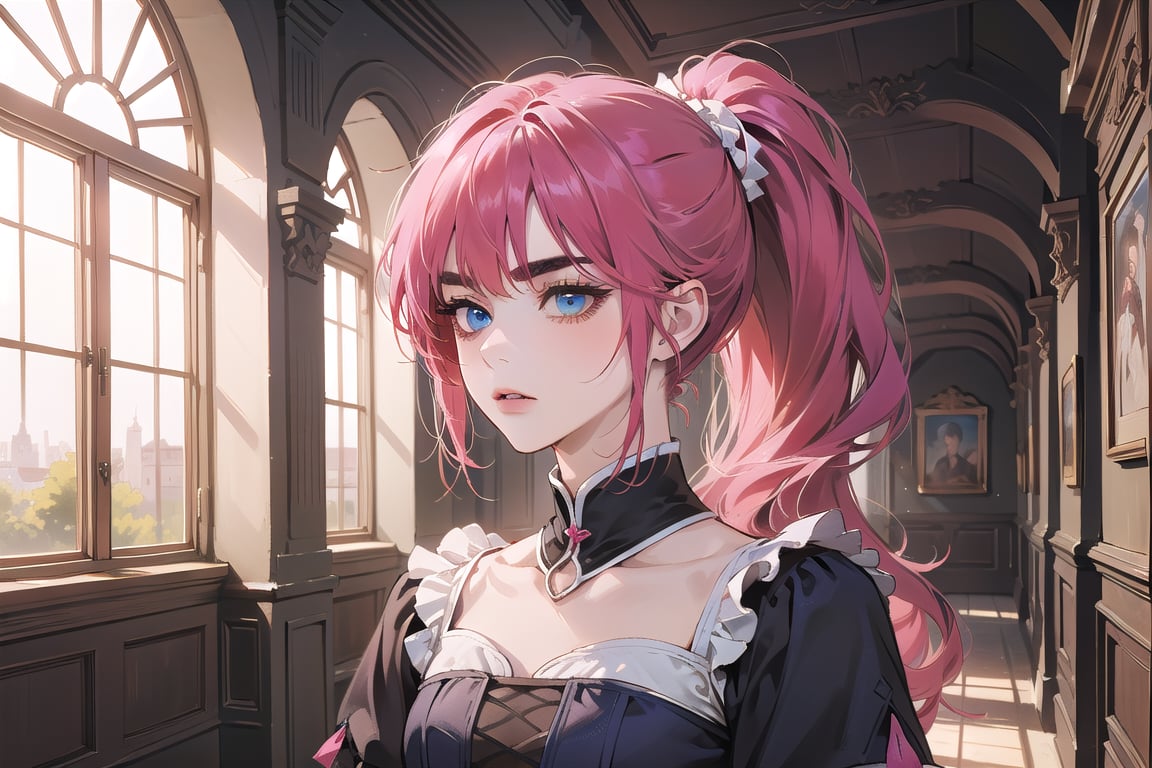 ((Fuchsia hair)), (thick eyebrows), (small chest:1.1), (bangs), ((long ponytail)), blue eyes, mad, wearing a ((Crimson Romanticism dress)), short sleeve, by Raphael, masterpiece, upper body shot, magnificent indoor hall,Argissa,1 girl