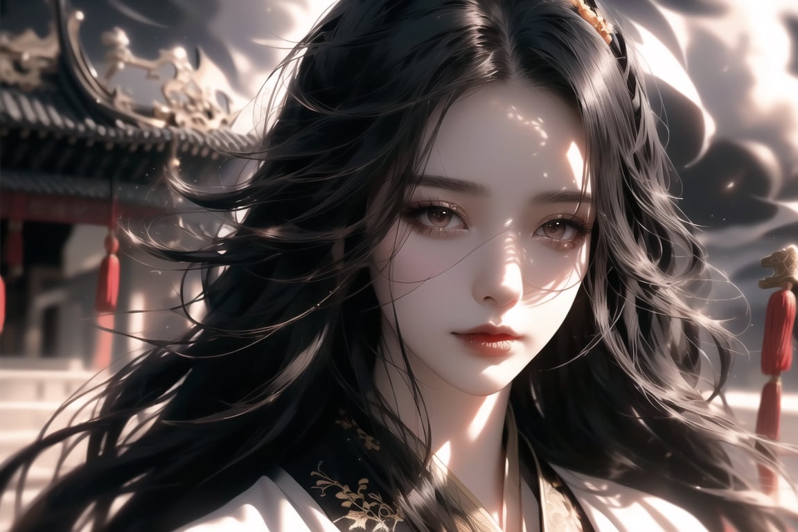 (cowboy shot), dynamic action style, (1woman), (female:1.2), mature face, (mature girl:1.2), sinister smirk, (Chinese hanfu with black and gold accents), finely detailed eyes and face, slim figure, (long black straight hair:1.2) flowing, (purple eyes:1.1), (focus on character:1.1), ((solo)), detailed face, detailed eyes, Chinese epic style, clear subject, ultra realistic, ultra detailed, OC rendering, blender, high detail, ultra high quality, dark and ominous atmosphere, dark clouds swirling, subtle mist
