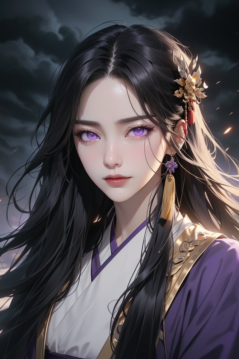 (cowboy shot), dynamic action style, (1woman), (female:1.2), mature face, (mature girl:1.2), sinister smirk, (Chinese hanfu with black and gold accents), finely detailed eyes and face, slim figure, (long black straight hair:1.2), (purple eyes:1.3), (focus on character:1.1), ((solo)), detailed face, detailed eyes, Chinese epic style, clear subject, ultra realistic, ultra detailed, OC rendering, blender, high detail, ultra high quality, dark and ominous atmosphere, dark clouds swirling, subtle mist