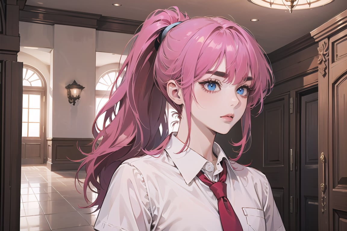 ((Fuchsia hair)), (thick eyebrows), (small chest:1.1), (bangs), ((long ponytail)), blue eyes, mad, wearing a ((school uniform)), red tie, short sleeve, by Raphael, masterpiece, upper body shot, magnificent indoor hall,Argissa,1 girl