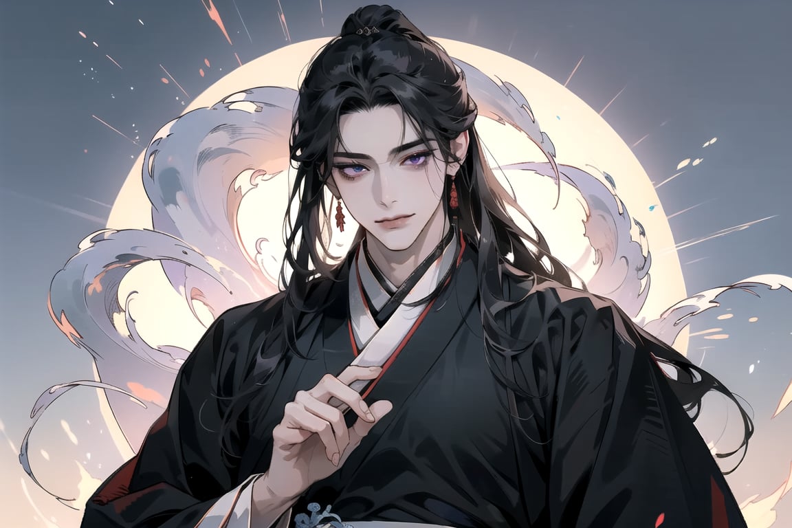 1 man, ((black straight hair)), long hair, purple eyes, handsome, angular jaw, thick neck, (((hanfu:1.3))), smirk, long sleeve, masterpiece, full_body_shot, mist and fog, smokey swirls, Chinese style