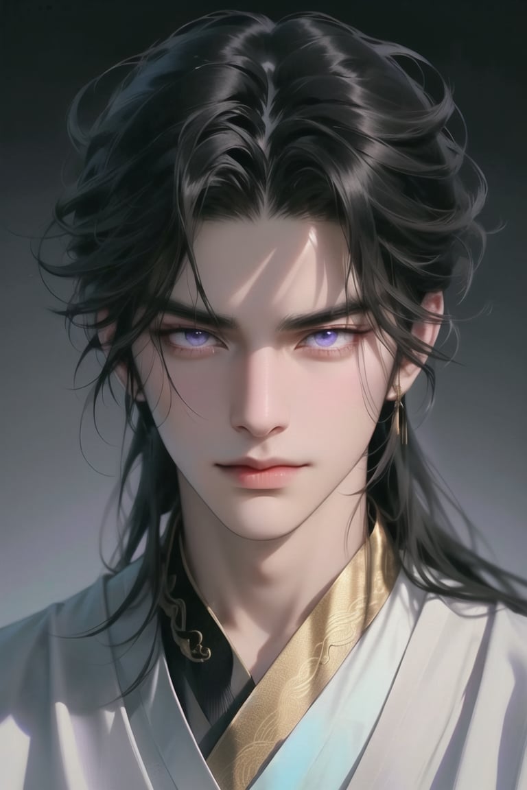 (cowboy shot), dynamic action style, (1man), (male:1.2), mature face, (mature boy:1.2), sinister smirk, (Chinese hanfu with black and gold accents), finely detailed eyes and face, (long black straight hair:1.2), (purple eyes:1.1), (focus on character:1.1), ((solo)), detailed face, detailed eyes, Chinese epic style, clear subject, ultra realistic, ultra detailed, OC rendering, blender, high detail, ultra high quality, dark and ominous atmosphere, Chinese acient city