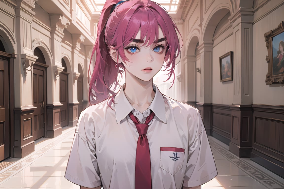 ((Fuchsia hair)), (thick eyebrows), (small chest:1.1), (bangs), ((long ponytail)), blue eyes, mad, wearing a ((school uniform)), red tie, short sleeve, by Raphael, masterpiece, upper body shot, magnificent indoor hall,Argissa,1 girl