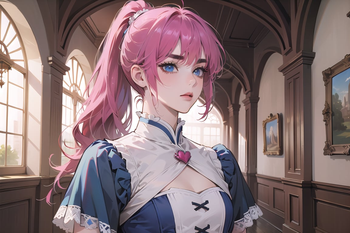 ((Fuchsia hair)), (thick eyebrows), (small chest:1.1), (bangs), ((long ponytail)), blue eyes, mad, wearing a ((Romanticism dress)), short sleeve, by Raphael, masterpiece, upper body shot, magnificent indoor hall,Argissa,1 girl