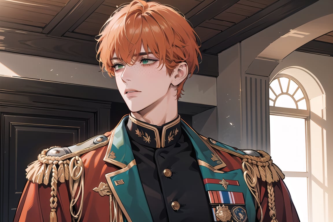 1 man,((orange short curly hair)), (freckle), ((bangs)), green eyes, handsome, angular jaw, thick neck, shy, upper body, male focus, (((military uniform:1.3))), long sleeve, by Raphael, masterpiece, upper body shot, magnificent indoor hall