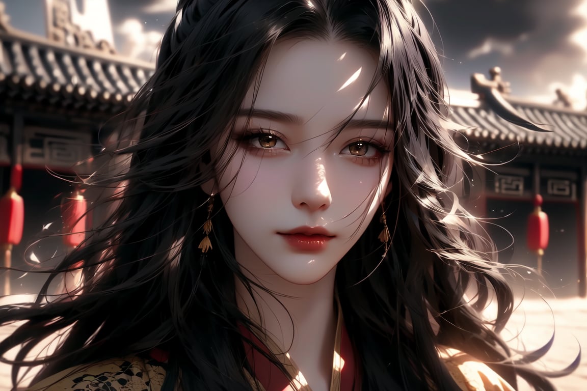 (cowboy shot), dynamic action style, (1woman), (female:1.2), mature face, (mature girl:1.2), sinister smirk, (Chinese hanfu with black and gold accents), finely detailed eyes and face, slim figure, (long black straight hair:1.2) flowing, (purple eyes), (focus on character:1.1), ((solo)), detailed face, detailed eyes, Chinese epic style, clear subject, ultra realistic, ultra detailed, OC rendering, blender, high detail, ultra high quality, dark and ominous atmosphere, dark clouds swirling, subtle mist
