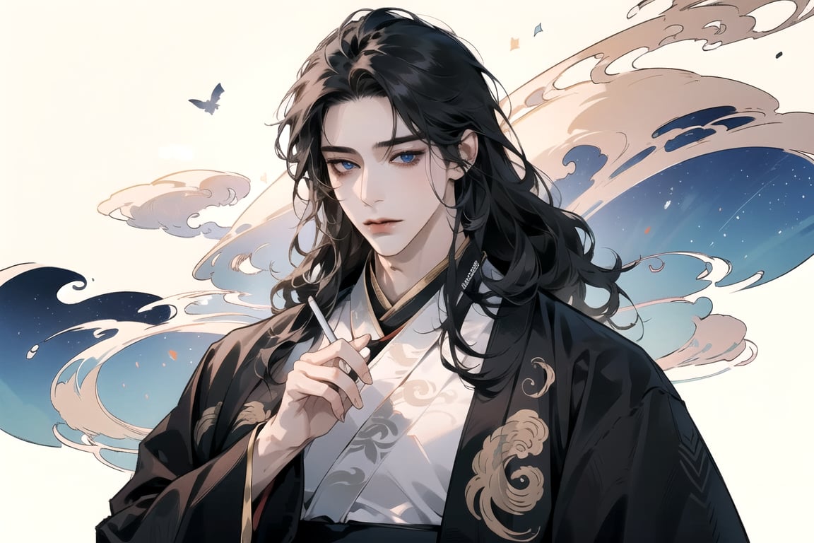 1 man, ((black curly hair)), long hair, blue eyes, handsome, angular jaw, thick neck, (((hanfu:1.3))), long sleeve, masterpiece, full_body_shot, mist and fog, smokey swirls, Chinese style