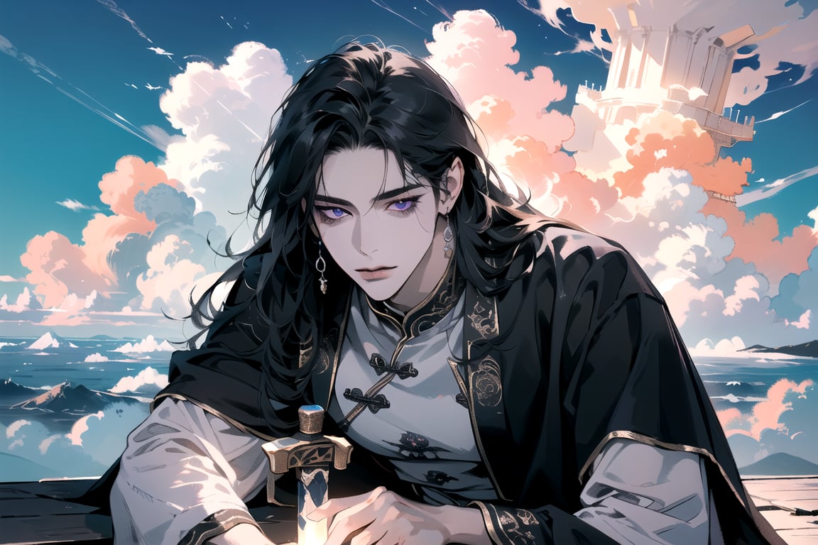 (Absurdres, Intricate Details, Masterpiece, Best Quality, High Resolution, 8k), (1man), (male:1.2), mature face, (mature boy:1.2), finely detailed eyes and face, lean body, ((black long straight hair:1.3)), (purple eyes), ((Medium score)), To reveal the forehead, (focus on character:1.1), solo, full shot, ((full body)), detailed background, detailed face, thunder manipulation, dynamic shadows, ethereal atmosphere, Depth of Field, lighting sword, swordman, spellcaster, Chinese style, (((Ascension))), Mysterious clouds, thunderstorm, (sitting in a sea of clouds:1.5)
