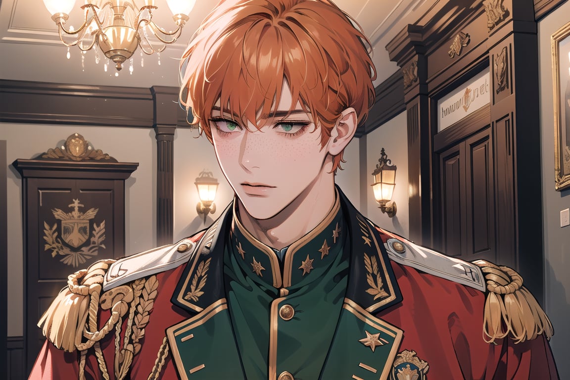 1 man,((orange short curly hair)), (freckle), ((bangs)), green eyes, handsome, angular jaw, thick neck, shy, upper body, male focus, (((military uniform:1.3))), long sleeve, by Raphael, masterpiece, upper body shot, magnificent indoor hall