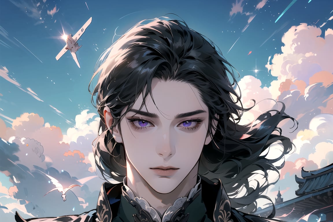 (Absurdres, Intricate Details, Masterpiece, Best Quality, High Resolution, 8k), (1man), (male:1.2), mature face, (mature boy:1.2), finely detailed eyes and face, lean body, black long straight hair, (purple eyes), (focus on character:1.1), solo, full shot, looking down, detailed background, detailed face, thunder manipulation, dynamic shadows, ethereal atmosphere, thorough, finely detailed background, Depth of Field, lighting sword, swordman, spellcaster, electric energey, Chinese style, (((Ascension))), Floating in mid-air, Mysterious clouds, thunderstorm, (defying gravity:1.1), (hovering:1.3), (levitate:1.3), (flying in the sky:1.6)