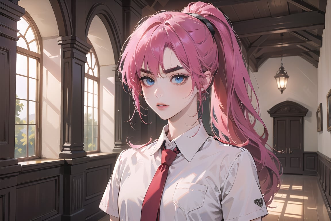 ((Fuchsia hair)), (thick eyebrows), (small chest:1.1), (bangs), ((long ponytail)), blue eyes, mad, wearing a ((school uniform)), red tie, short sleeve, by Raphael, masterpiece, upper body shot, magnificent indoor hall,Argissa,1 girl