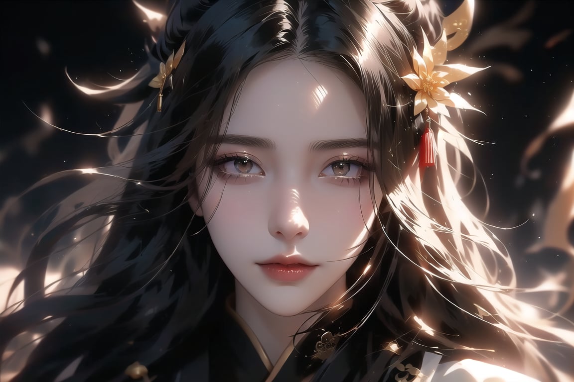 (cowboy shot), dynamic action style, (1woman), (female:1.2), mature face, (mature girl:1.2), sinister smirk, (Chinese hanfu with black and gold accents), finely detailed eyes and face, slim figure, (long black straight hair:1.2), (purple eyes:1.1), (focus on character:1.1), ((solo)), detailed face, detailed eyes, Chinese epic style, clear subject, ultra realistic, ultra detailed, OC rendering, blender, high detail, ultra high quality, dark and ominous atmosphere, dark clouds swirling, subtle mist