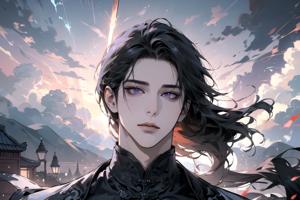 (Absurdres, Intricate Details, Masterpiece, Best Quality, High Resolution, 8k), (1man), (male:1.2), mature face, (mature boy:1.2), finely detailed eyes and face, lean body, black long straight hair, (purple eyes), (focus on character:1.1), solo, full shot, full body, detailed background, detailed face, thunder manipulation, dynamic shadows, ethereal atmosphere, Depth of Field, lighting sword, swordman, spellcaster, Chinese style, (((Ascension))), Mysterious clouds, thunderstorm, (floating:1.6)