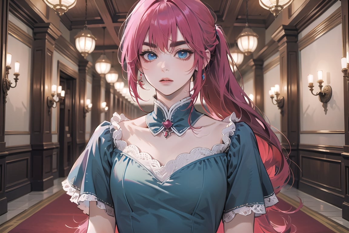 ((Fuchsia hair)), (thick eyebrows), (small chest:1.1), (bangs), ((long ponytail)), blue eyes, mad, wearing a ((Crimson Romanticism dress)), short sleeve, by Raphael, masterpiece, upper body shot, magnificent indoor hall,Argissa,1 girl