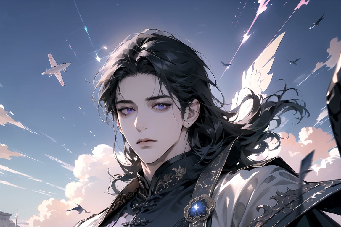 (Absurdres, Intricate Details, Masterpiece, Best Quality, High Resolution, 8k), (1man), (male:1.2), mature face, (mature boy:1.2), finely detailed eyes and face, lean body, black long straight hair, (purple eyes), (focus on character:1.1), solo, full shot, looking down, detailed background, detailed face, thunder manipulation, dynamic shadows, ethereal atmosphere, thorough, finely detailed background, Depth of Field, lighting sword, swordman, spellcaster, electric energey, Chinese style, (((Ascension))), Floating in mid-air, Mysterious clouds, thunderstorm, (defying gravity:1.1), (hovering:1.3), (levitate:1.3), (flying in the air:1.6)