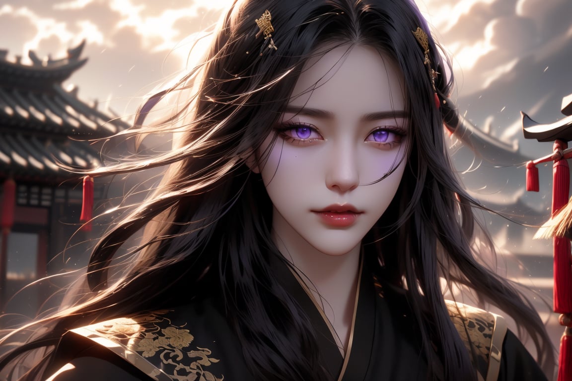 (cowboy shot), dynamic action style, (1woman), (female:1.2), mature face, (mature girl:1.2), sinister smirk, (Chinese hanfu with black and gold accents), finely detailed eyes and face, slim figure, (long black straight hair:1.2) flowing, (purple eyes:1.3), (focus on character:1.1), solo, detailed face, detailed eyes, Chinese epic style, clear subject, ultra realistic, ultra detailed, OC rendering, blender, high detail, ultra high quality, dark and ominous atmosphere, dark clouds swirling, subtle mist
