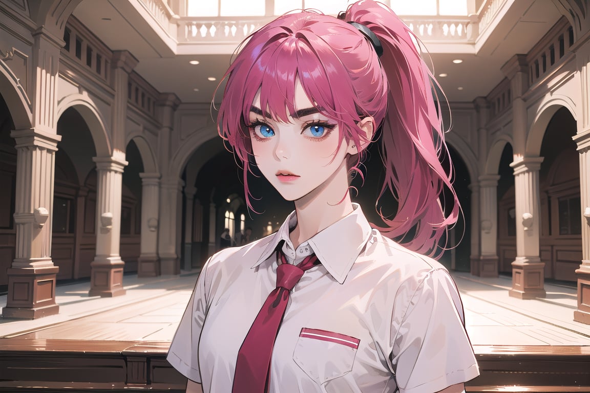 ((Fuchsia hair)), (thick eyebrows), (small chest:1.1), (bangs), ((long ponytail)), blue eyes, mad, wearing a ((school uniform)), red tie, short sleeve, by Raphael, masterpiece, upper body shot, magnificent indoor hall,Argissa,1 girl