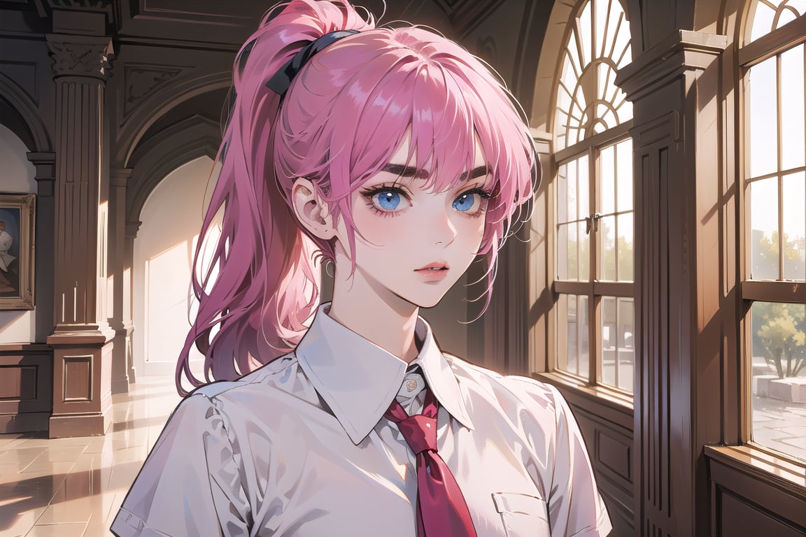 ((Fuchsia hair)), (thick eyebrows), (small chest:1.1), (bangs), ((long ponytail)), blue eyes, mad, wearing a ((school uniform)), short sleeve, by Raphael, masterpiece, upper body shot, magnificent indoor hall,Argissa,1 girl