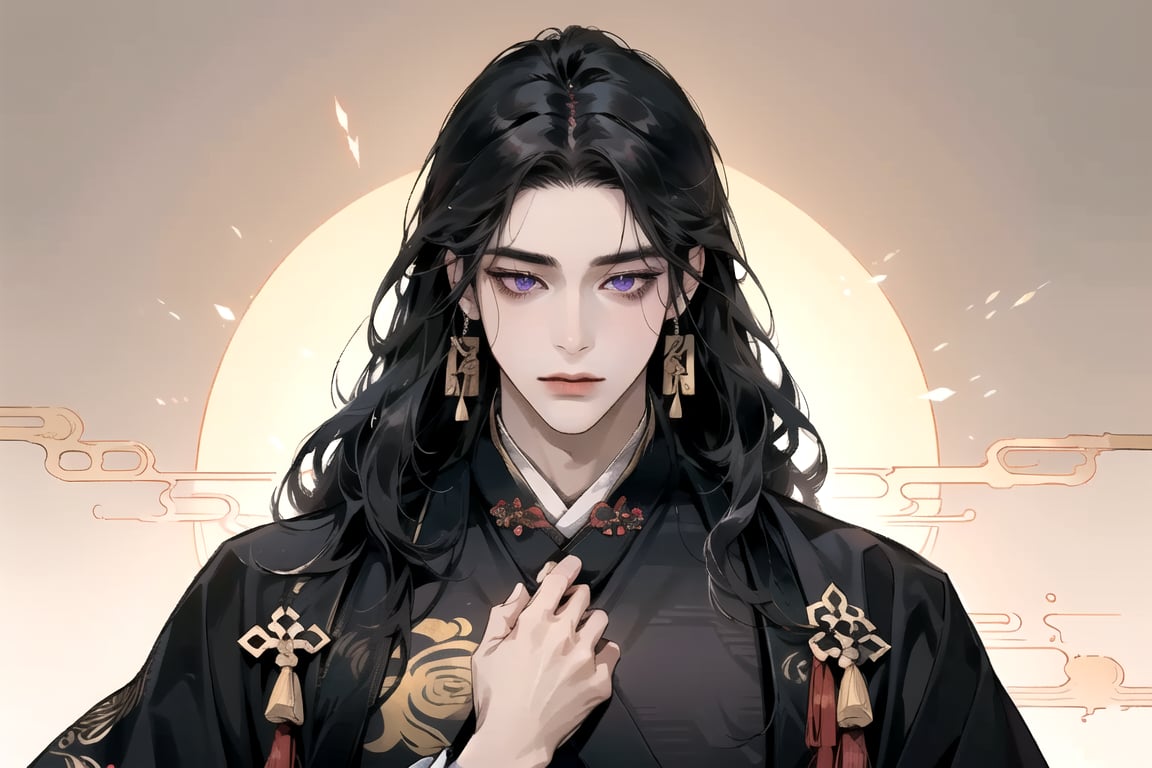 1 man, ((black wavy hair)), long hair, purple eyes, handsome, angular jaw, thick neck, (((hanfu:1.3))), long sleeve, masterpiece, full_body_shot, masterpiece, best quality, Chinese cloth, Chinese style, glowing,