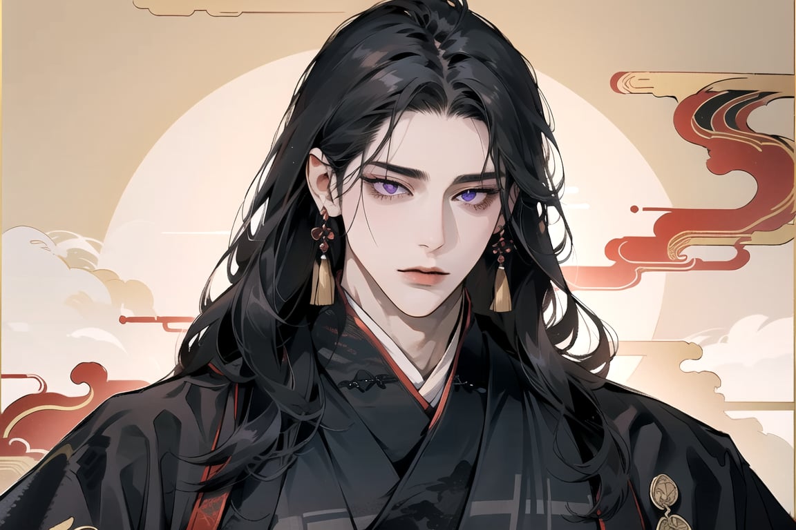 1 man, ((black straight hair)), long hair, purple eyes, handsome, angular jaw, thick neck, (((hanfu:1.3))), long sleeve, masterpiece, full_body_shot, masterpiece, best quality, Chinese cloth, Chinese style, glowing,