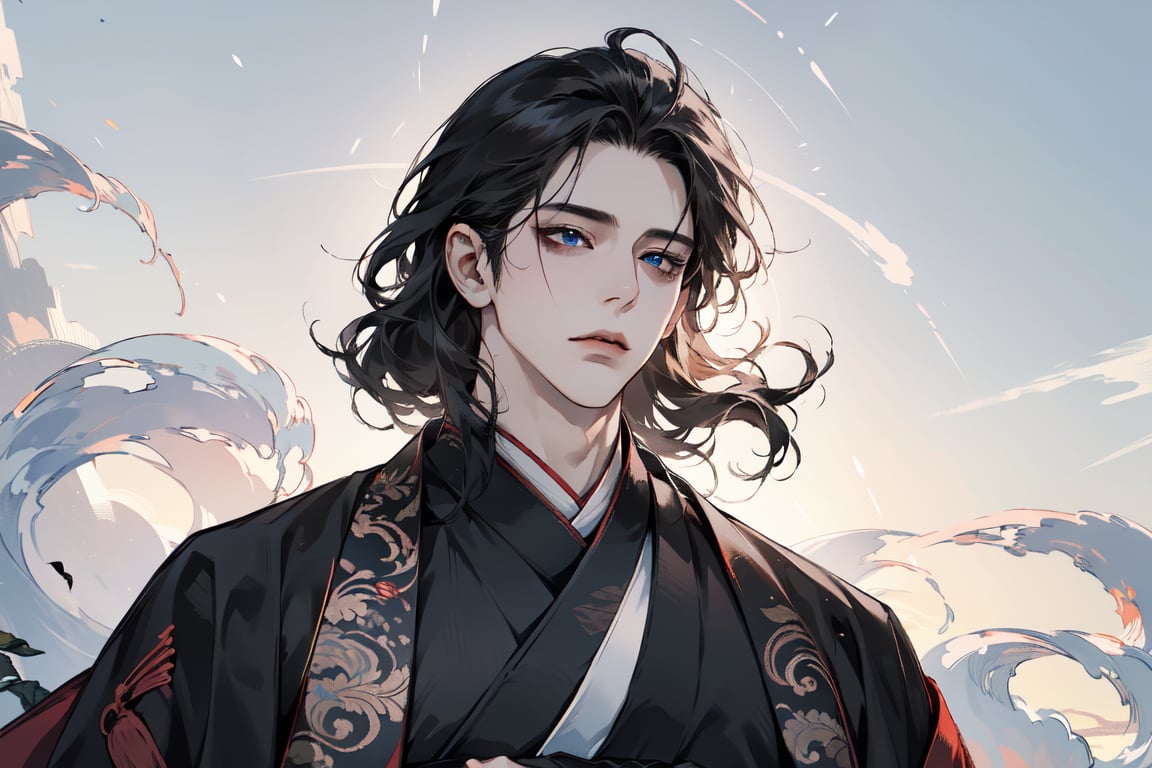 1 man, ((black curly hair)), blue eyes, handsome, angular jaw, thick neck, male focus, (((hanfu:1.3))), long sleeve, masterpiece, upper body shot, mist and fog, smokey swirls,Chinese style