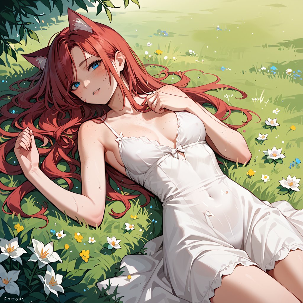 score_9, score_8_up, score_7_up, score_6_up, score_5_up, score_4_up, source_anime, mature_woman, a catgirl is laying in a field of flowers, BREAK 1 catgirl, (red hair), (blue eyes), freckles, long hair, messy, slim body, slim dress, white dress,