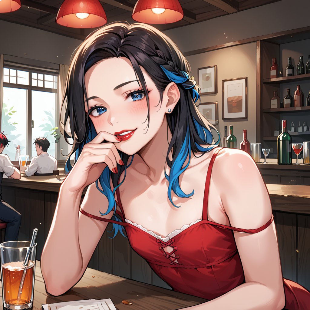 score_9, score_8_up, score_7_up, score_6_up, score_5_up, score_4_up, source_anime, mature_woman,  looking at camera, smoky bar, woman, bartender, red dirndl dress, resting on elbows, flat chest, flushed cheeks, red lipstick, biting lip, blue eyes, french braids hair, black hair, ((highlights hair, multicolored hair)),