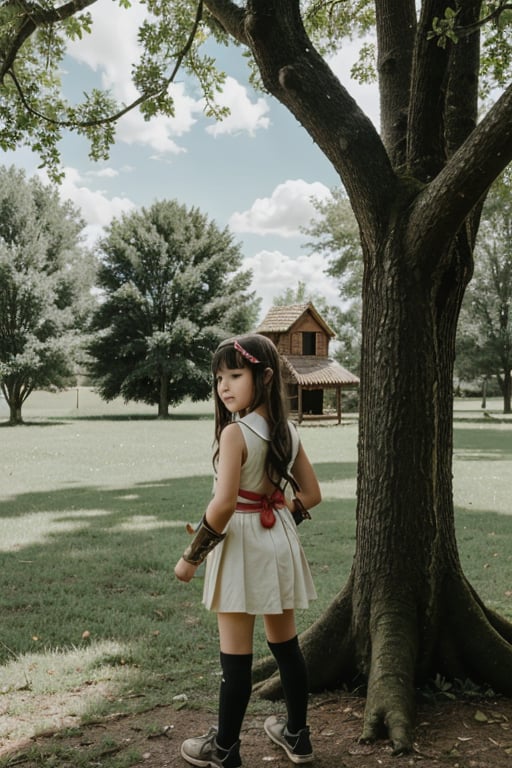 a cute 10yo girl pretending to be a warrior in her back yard, cosplay, having fun playing, swod, tree fort in the background