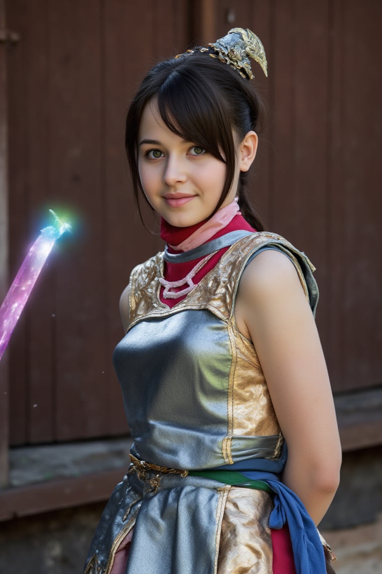 a realistic , young girl, cosplay, warrior, wizard, costume, fighting, monster, magic, knight, sharp focus, light aura, witchcraft