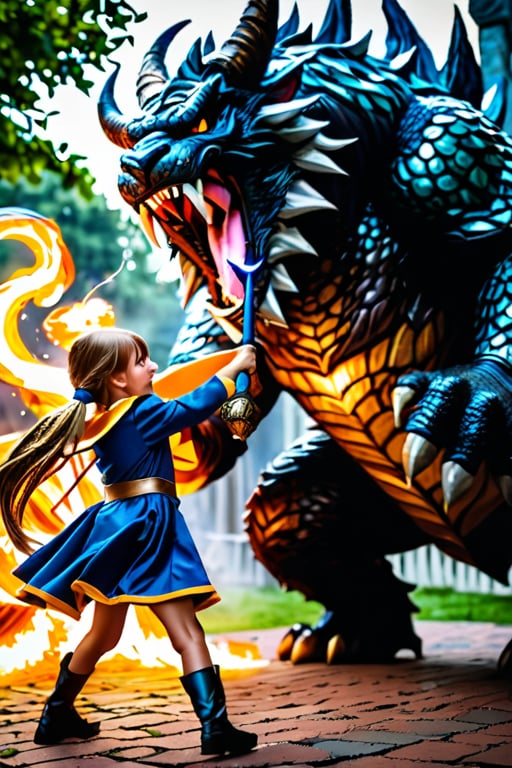 a realistic photo of a cute young girl  cosplay in wizard cotume, fighting a giant monster with magic, 