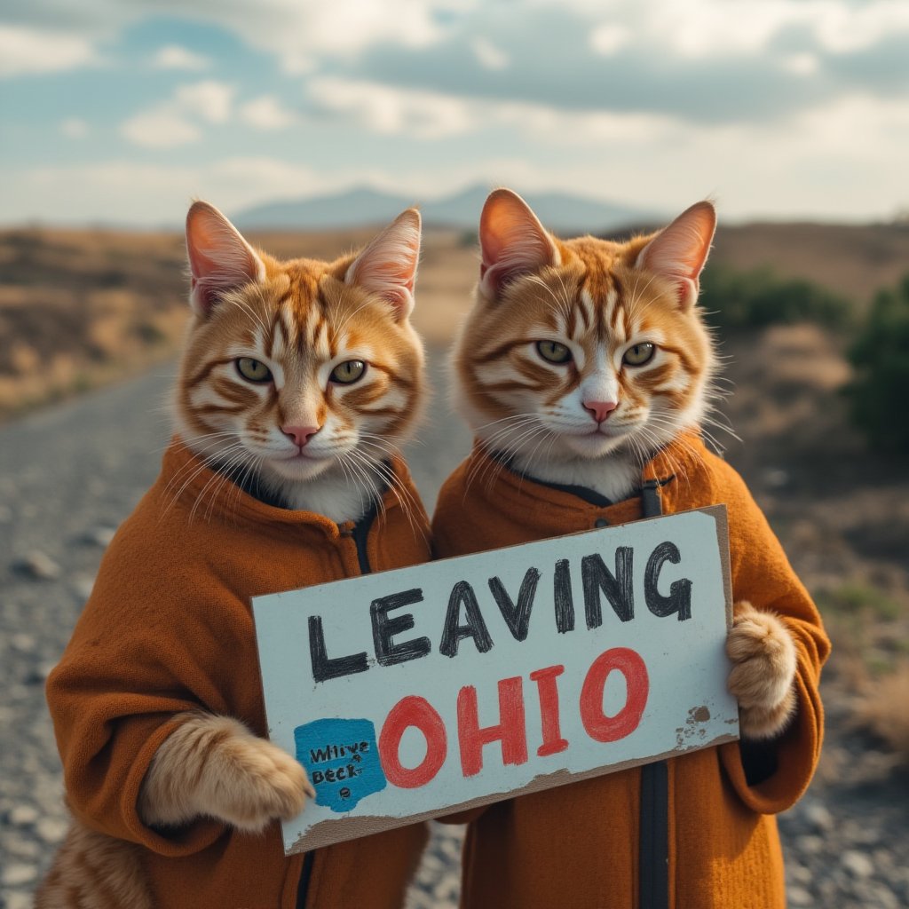  A cinematic hyper-realistic picture of two cats hitch hiking, holding a sign that says leaving Ohio 