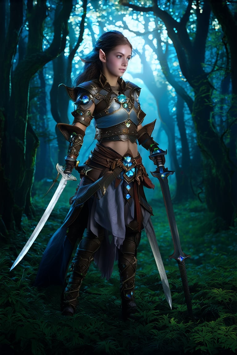  A cinematic hyper-realistic masterpiece, realistic scenery, ultra high quality, a gorgeous young night elf huntress in the mystical Forest, holding two swords, ancient light leather armor with shimmering semi-precious stones, dusk, moonshine, aura 