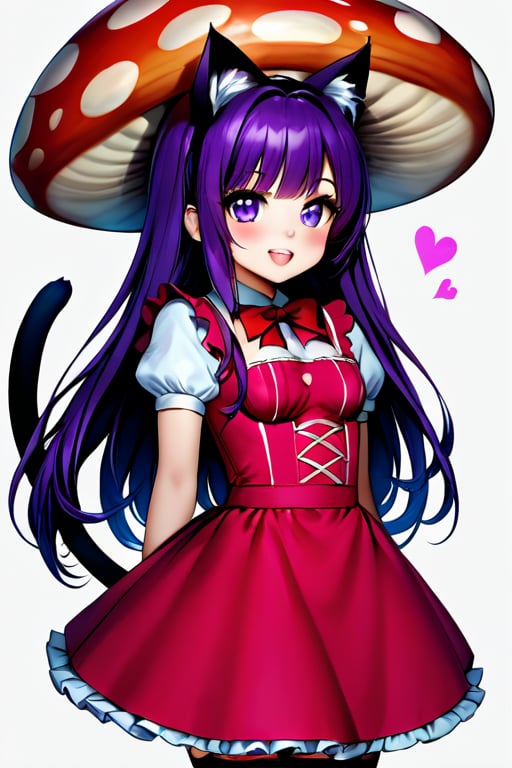 a cute young girl in cosplay Alice in wonderland costume, having fun playing with a purple cat cat, giant mushroom