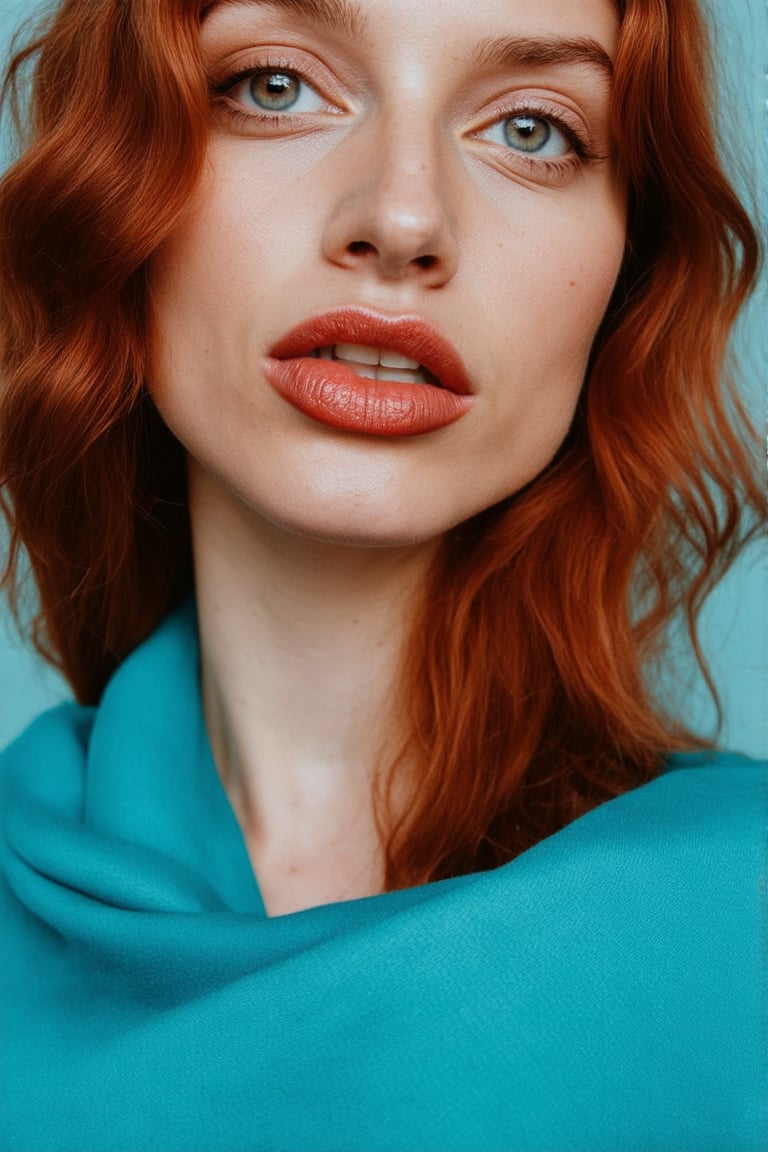 in a medium, eye-level shot, a fair-skinned woman with long, wavy red hair is captured against a light blue backdrop. she's adorned with a light blue scarf draped over her shoulders, adding a touch of elegance to her look. her gaze is directed towards the upper right corner of the frame, while her mouth is slightly ajar, revealing a hint of her lower lip. her eyes, a striking blue, are accentuated by a light brown hue on her cheeks and a darker brown on her lips. her hair, a vibrant shade of red, is styled in loose waves that cascade down her shoulders.