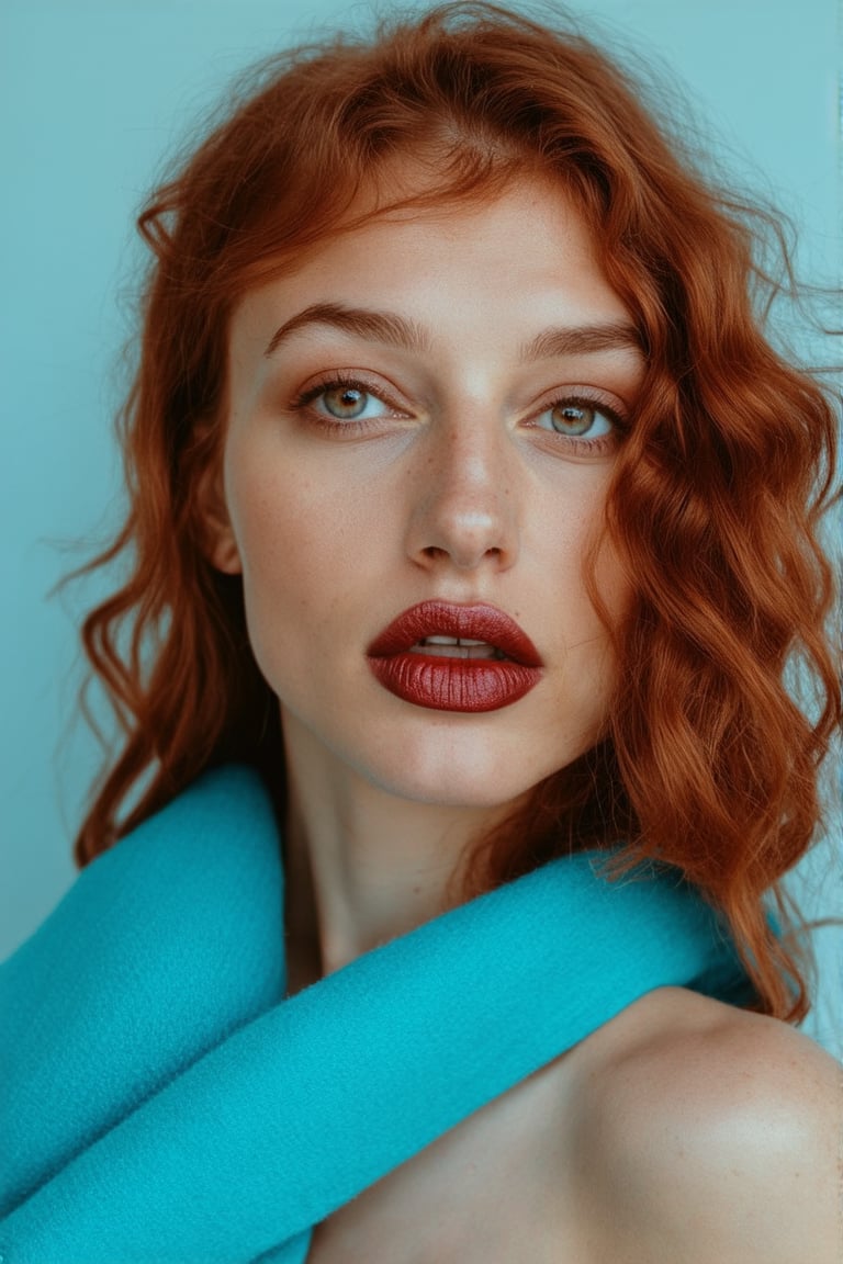 in a medium, eye-level shot, a fair-skinned woman with long, wavy red hair is captured against a light blue backdrop. she's adorned with a light blue scarf draped over her shoulders, adding a touch of elegance to her look. her gaze is directed towards the upper right corner of the frame, while her mouth is slightly ajar, revealing a hint of her lower lip. her eyes, a striking blue, are accentuated by a light brown hue on her cheeks and a darker brown on her lips. her hair, a vibrant shade of red, is styled in loose waves that cascade down her shoulders.