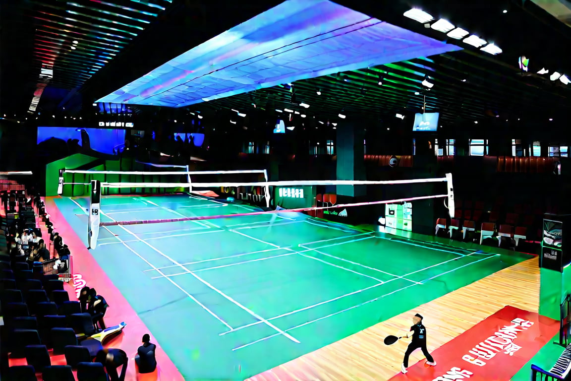 A bright, well-lit indoor badminton court with a wooden floor and high ceilings. The net stands tall, dividing the rectangular playing area into two halves. A few rows of seats for spectators curve around the perimeter, with a scoreboard mounted above the action. Players in athletic attire move swiftly across the court, racquets held high as they volley and smash their way to victory.