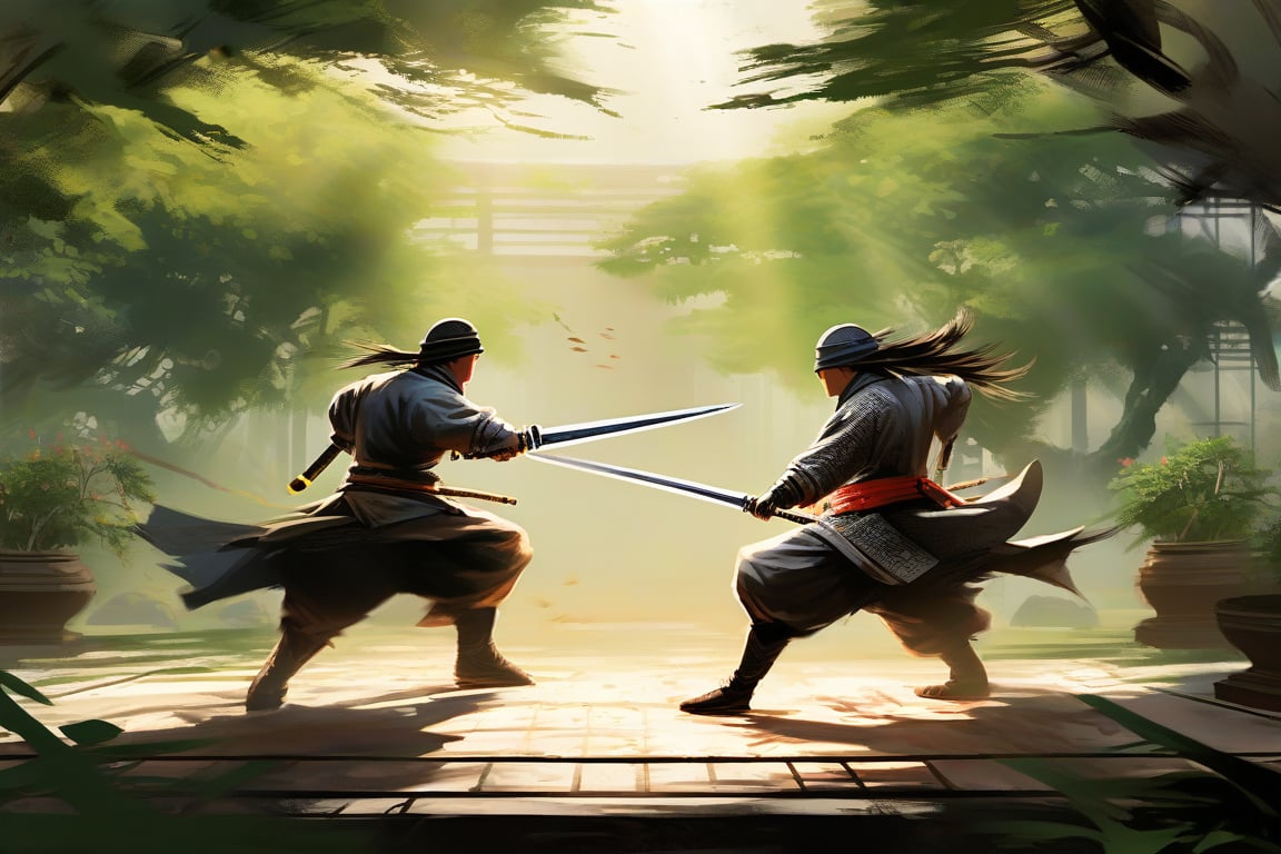 Illustration presents a dramatic dueling scene unfolds as two Chinese swordsman, clad in traditional attire, face off against each other in a lush greenery-filled courtyard. Each warrior holds their gleaming sword at the ready, the morning sun casting a warm glow on their determined faces and the blades' sharp edges.