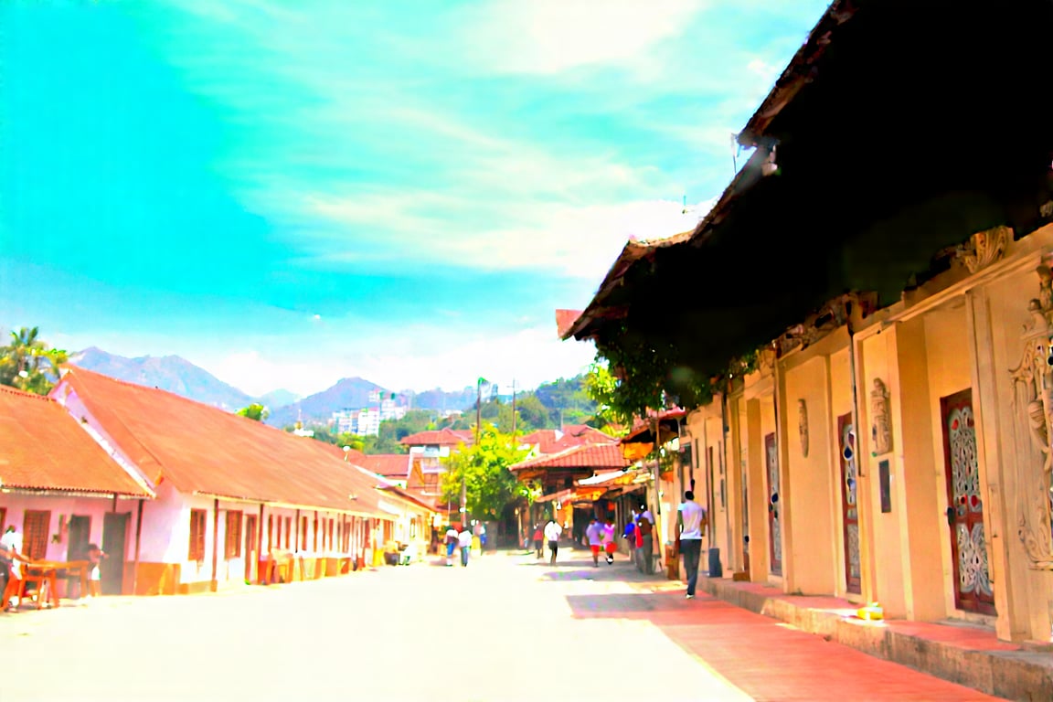 A serene morning scene in Ipoh Old Town Street, where colonial-era buildings with a blend of Eastern and Western architectural styles stand alongside one another. The warm sunlight casts a golden glow on the worn terracotta rooftops, while the sounds of morning activity fill the air. A narrow street lined with ornate facades and intricately carved wooden doors leads to a bustling courtyard, where vendors are setting up their daily markets.