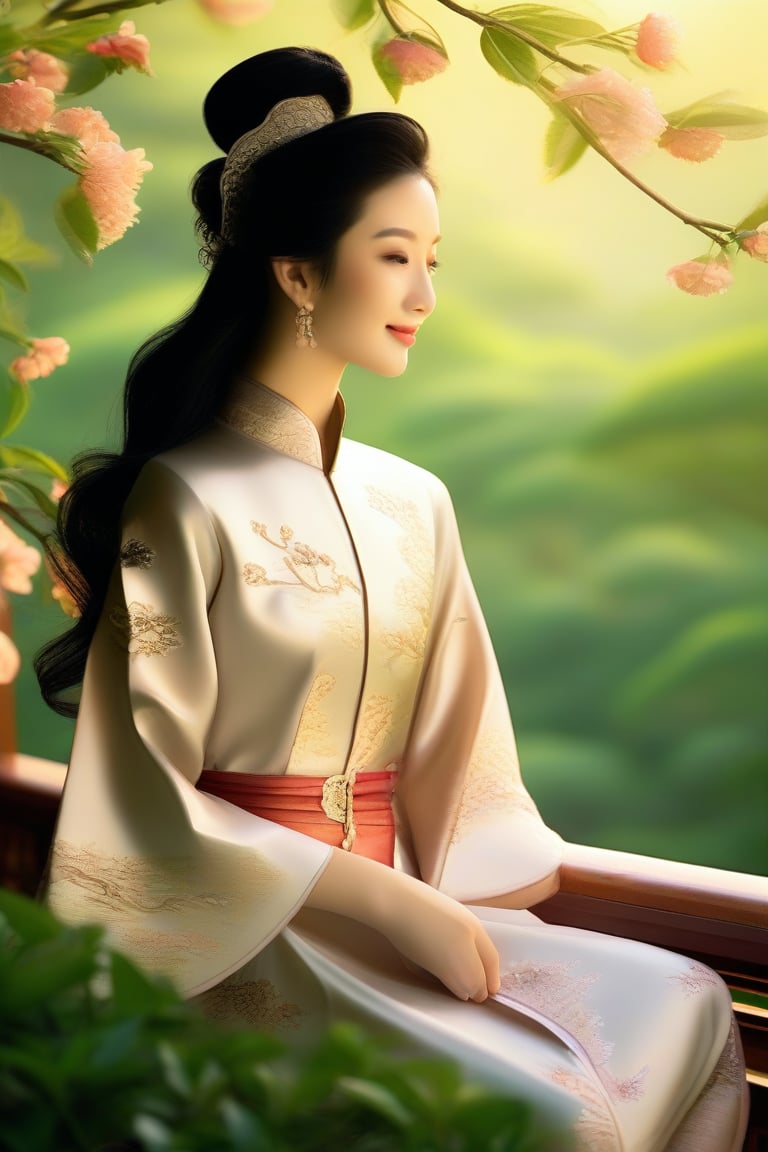 A serene Chinese beauty sits amidst lush greenery, her porcelain skin glowing softly under warm sunlight. Delicate features and raven-black hair frame her oval face, as she gazes gently into the distance. Traditional robes in muted hues of silk and satin drape elegantly around her, subtly accentuating her petite figure. The tranquil atmosphere is punctuated by a few strategically placed cherry blossoms, symbolizing beauty and femininity.