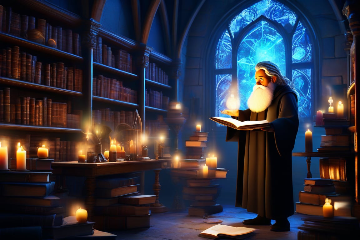 A whimsical classroom scene: a room filled with shelves upon shelves of dusty tomes, glowing orbs of magical texts, and peculiar contraptions. Professor Dumbledore-esque figure stands at the front, wispy beard flowing as they gesture grandly, surrounded by students in pensive thought, quills poised, awaiting inspiration. Soft candlelight casts an ethereal glow on ancient manuscripts.