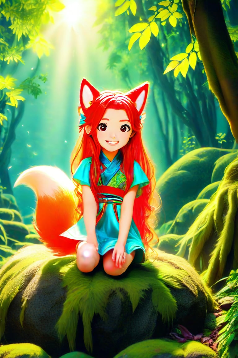 Anime style, whimsical scene unfolds: A young girl, her long hair styled in loose waves, sits cross-legged on a moss-covered stone, surrounded by lush greenery. Her left ear is adorned with a pair of vibrant, fluffy fox ears, matching the fiery hue of her hair. The warm sunlight casts a gentle glow, illuminating the delicate features and soft curves of her face. A subtle smile plays on her lips as she gazes down at a small, glowing orb cradled in her palms.