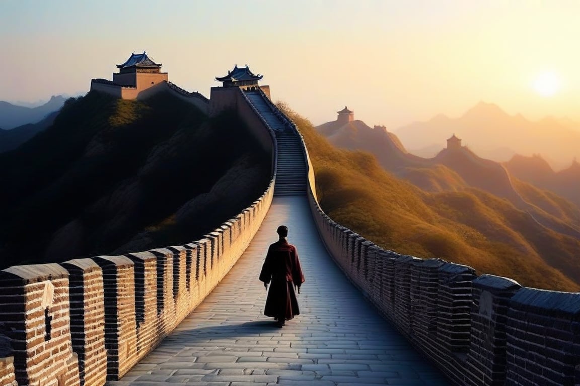 A majestic shot of the Great Wall of China stretches across the frame, with the sun casting a warm glow on the ancient stones. A lone figure stands at attention, dressed in traditional Chinese attire, gazing out towards the endless horizon as the wall snakes its way up the mountainside.