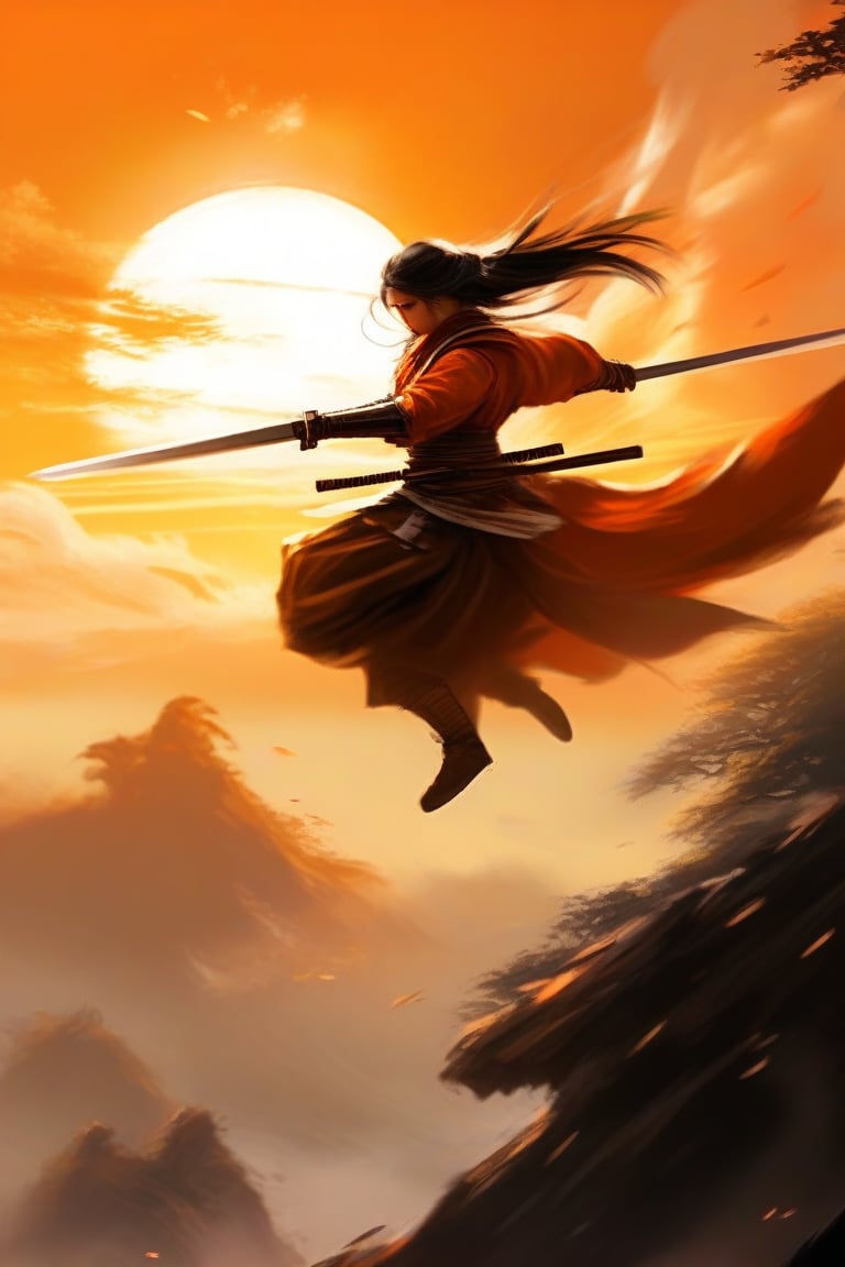 A dynamic illustration of a Chinese swordswoman in mid-air, her long sword raised high as she leaps towards the sky. The sun sets behind him, casting a warm orange glow on his determined face and gleaming armor. A misty background hints at the serene surroundings, while the swordswoman's flowing cape trails behind like a fiery comet.