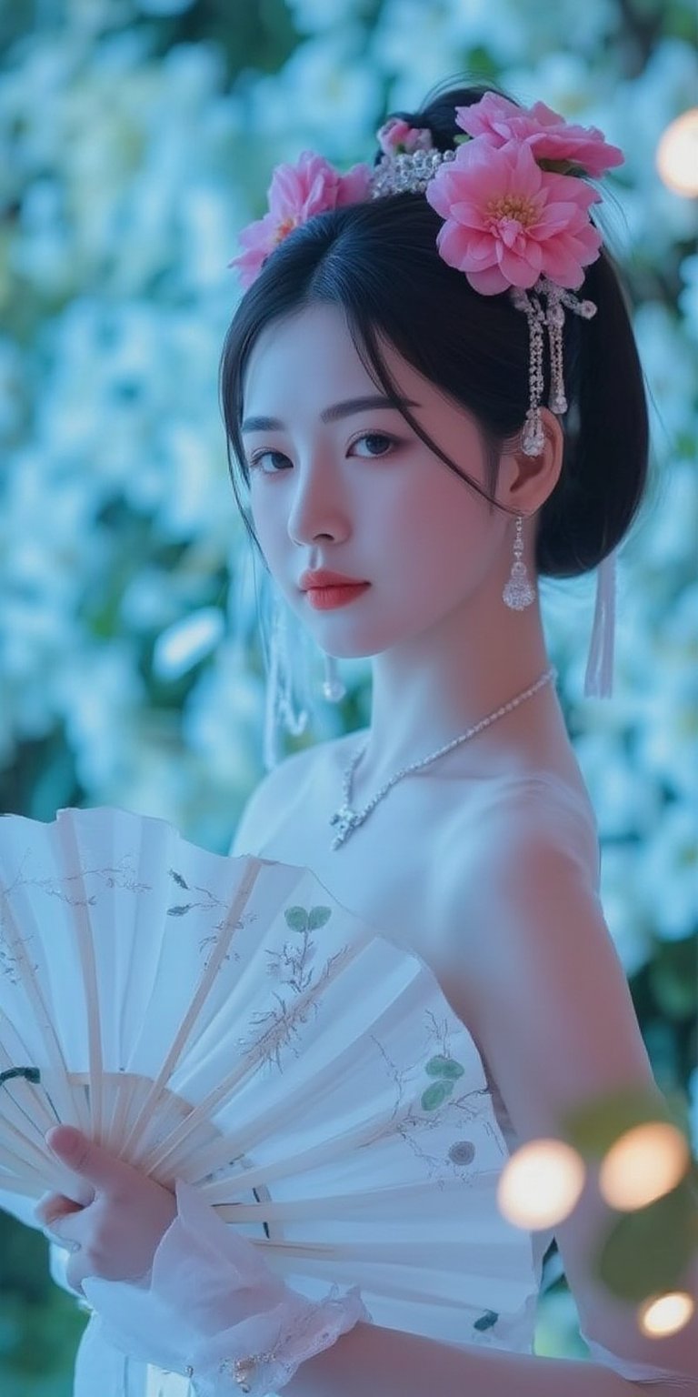 A close-up waist shot of a Asian woman in a white chinese clothes with a silver necklace and earrings. She is holding a white fan with Jade ornaments . The woman's hair is adorned with pink flowers adding a touch of beauty to the scene. creating a soft focus on the woman's face. neon lighting. (cover the background wall with light blue flowers:1.3), (looking at viewer, upper body)