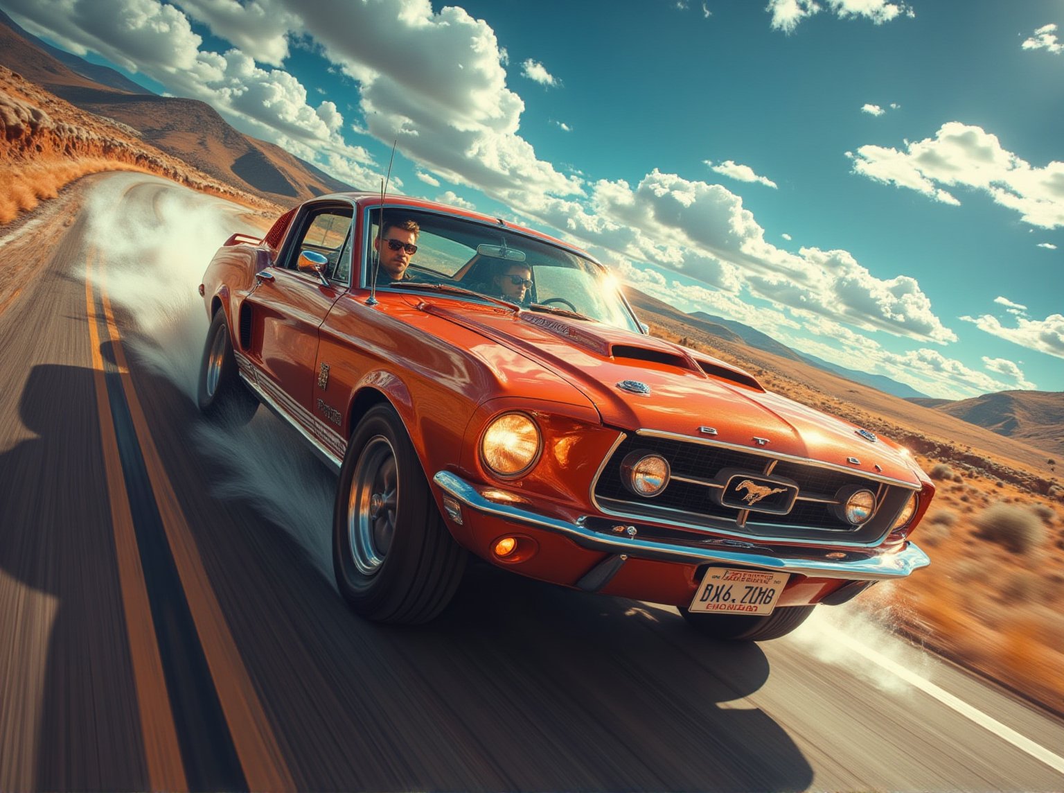 A caricature of a scene 

A sweeping, high-angle shot of B.D.'s iconic '68 Mustang with wings speeding down a sun-drenched highway. The car's fins gleaming like razor-sharp teeth, as B.D. himself appears in the driver's seat, sunglasses perched on his forehead, hair flowing like a golden halo in the wind. In the background, a blurred landscape of rolling hills and endless blue sky, symbolizing the limitless possibilities of youth and rebellion. The composition is dynamic, with bold lines and vibrant colors capturing the essence of this quintessential American icon.